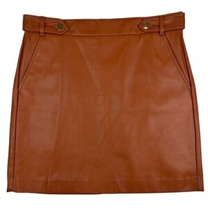 LOFT Sienna Faux Leather Skirt Rust Cognac Gold Button Tab Mini Women 10
